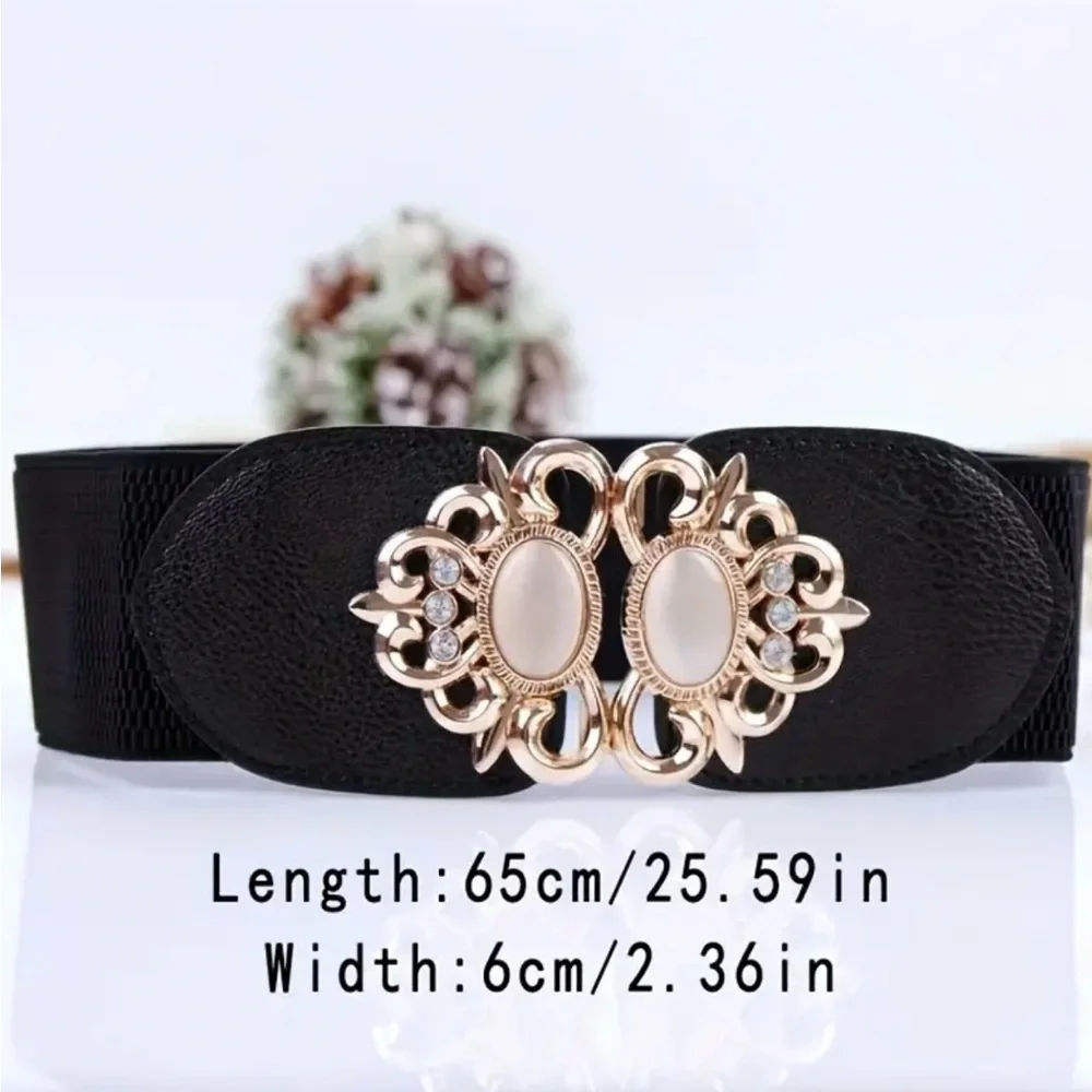 Golden‎ Double Buckle Black Waspie Belt Stretchy Elastic Accentuating Waist Band